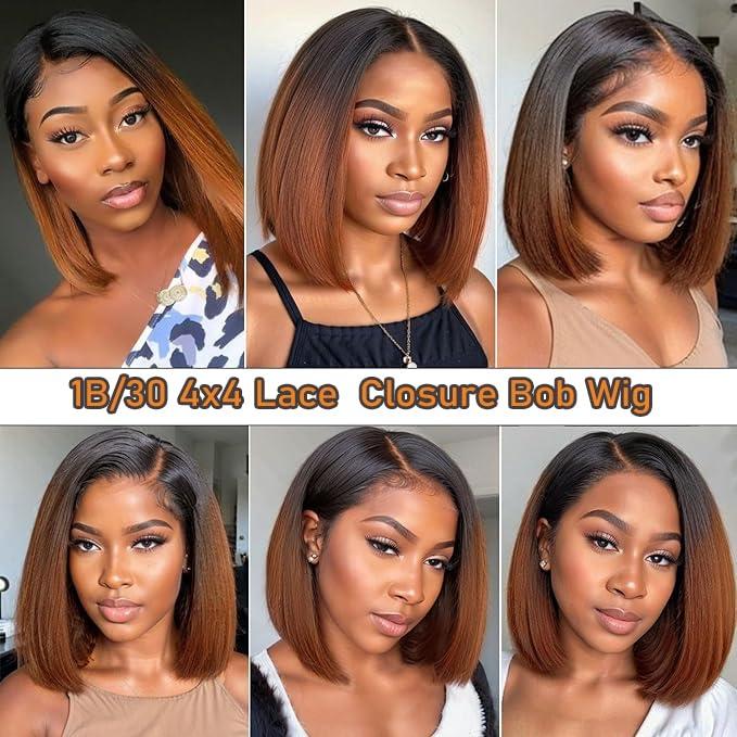 MUPRETTY MUPRETTY Brown Bob Wigs Human Hair 4x4 Lace Closure Wig 1B/30 Brown Wig Human Hair Keep Silky And Smooth After Multiple Washes 100% indian 18A Raw Hair Wigs(14Inch)