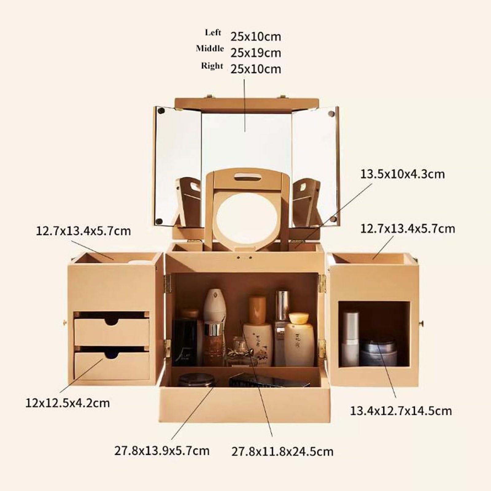 ZHFytsh-0668 Cosmetic Storage box Solid Wood Makeup Organizer Box,Portable Large Capacity Skincare Storage Cabinet with Mirror, Cosmetic Display Case with Drawers, Brush Perfume Jewelry Lipsticks Holder, Multi-F