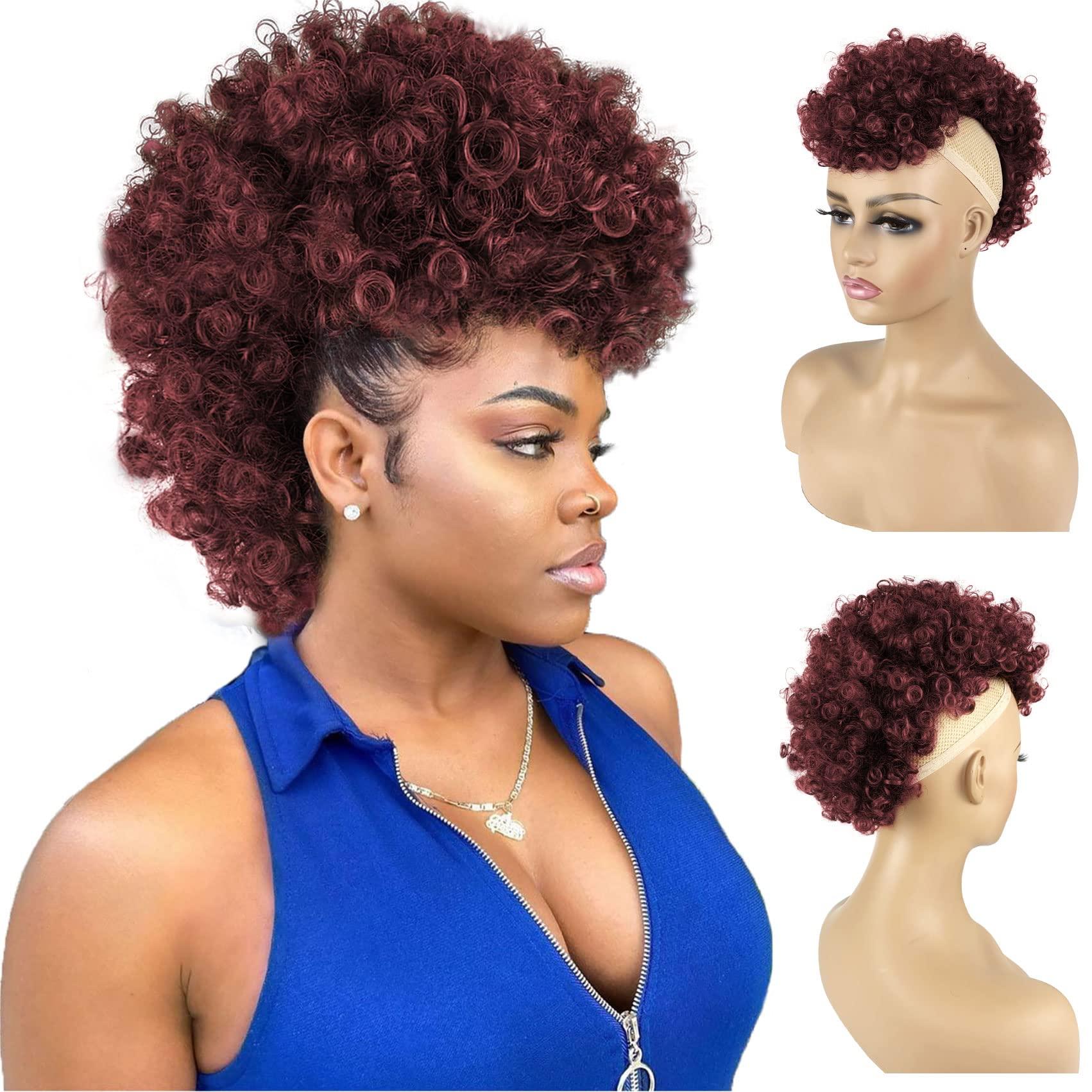 UAmy hair Burgundy Afro Mohawk Hairpieces with clips on Jerry Curly Afro Puff Non Drawstring Ponytail for Black Women Synthetic Wine Red Hair Fauxhawks Short Afro Kinky Curly Hair Extensions