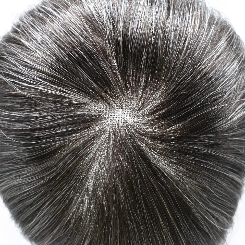 Generic Toupee For Men Hair System Mens Toupee Human Hair Swiss Lace Hair Piece Mens Hair Replacement System Injected PU Skin With Breathable Holes Covered With A Layer Of Lace On Top For Men Hair Unit Black Grey 8\'\'*10\'\' (8\'\'*10\'\', #350 3# DARK BROW