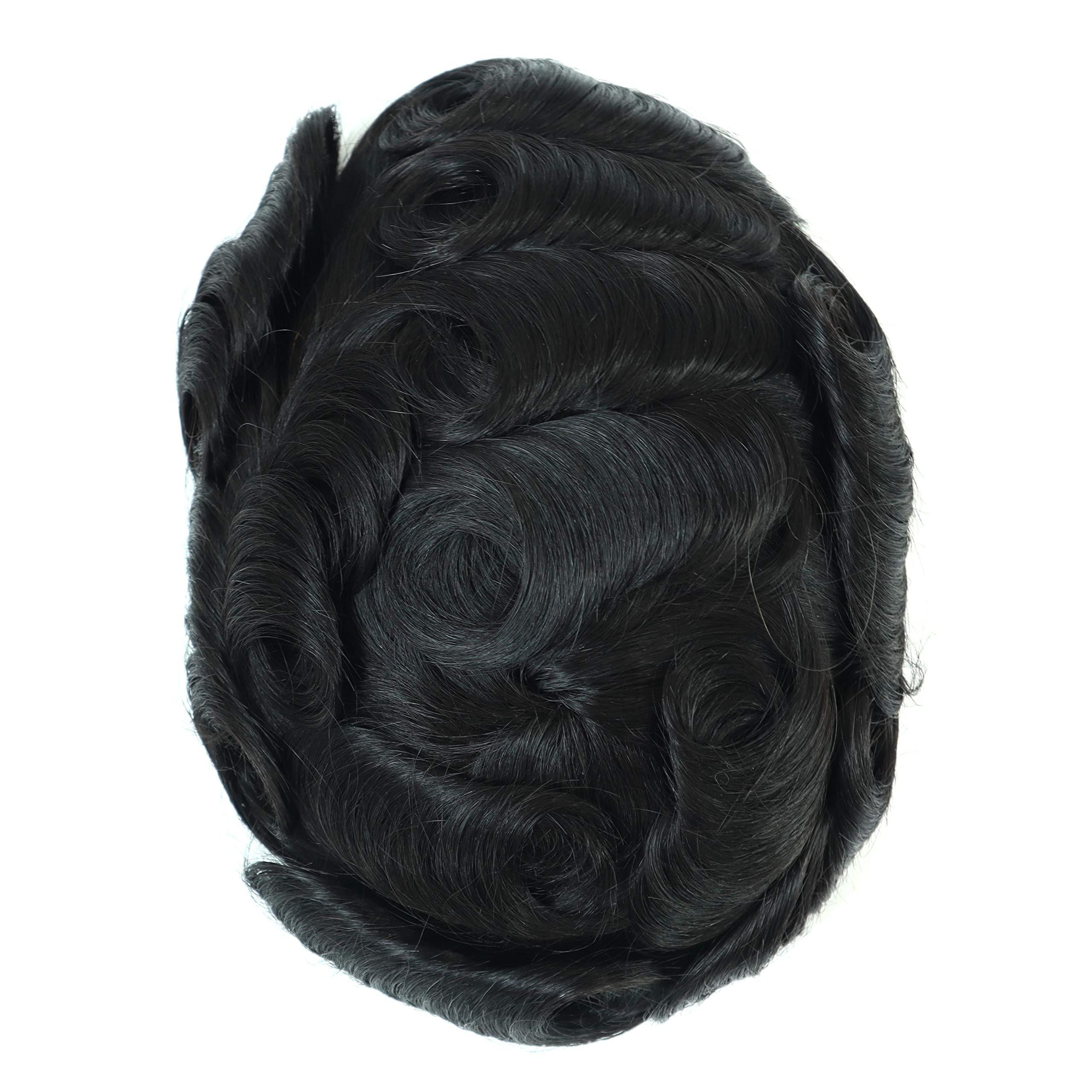 Hair Nature Mens Toupee Real Human Black Hair Replacement System Hair Cutting System for Men Thin Skin Real Gents Hair Fine Mono Toupee Hairpieces 7x9