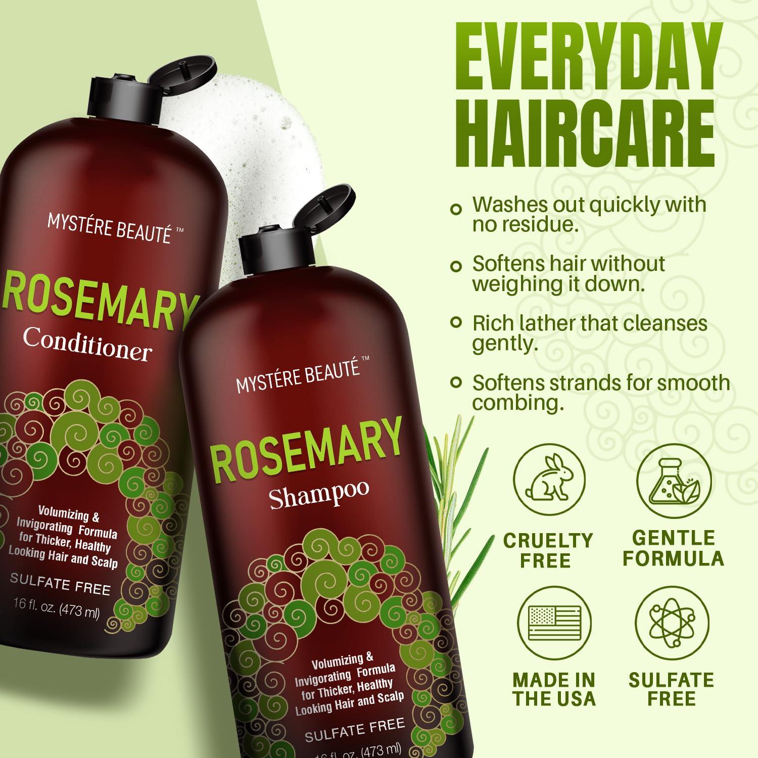 MYSTÉRE BEAUTÉ Rosemary Shampoo and Conditioner, Rosemary Oil Shampoo Promotes Hair Growth & Scalp Health, Rosemary Shampoo for Hair Growth Organic - Sulfate & Paraben Free, for Men Women - 16 fl oz each