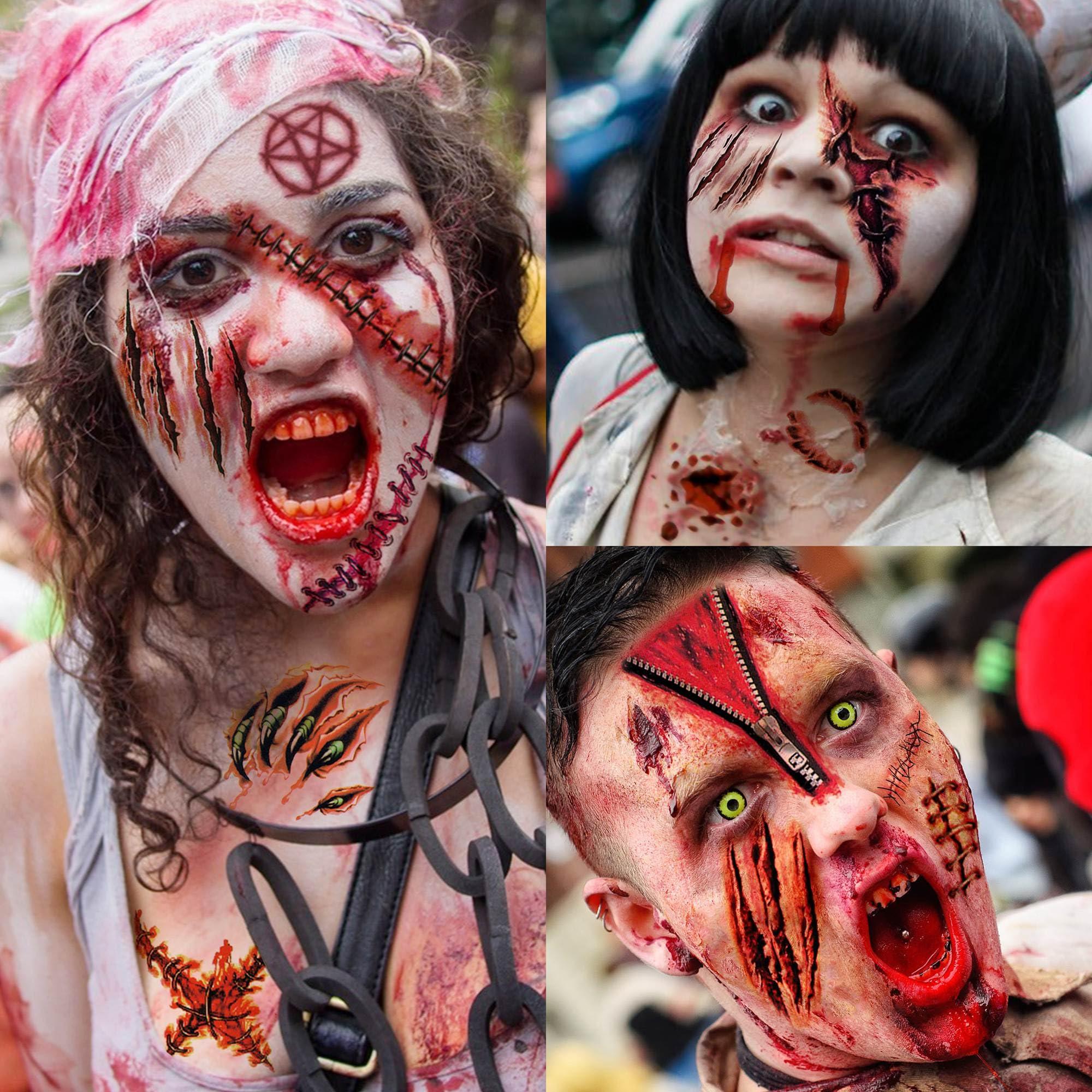 JOEHAPY JOEHAPY 435+ PCS 50 Sheets Halloween Fake Scar Tattoos Sticker, 3D Chucky Stitches Tattoo For Women Men Adult Kids Boys Girls, Fake Blood Wound Cut Zombie Tattoos Halloween Face Makeup Kit Set Decals