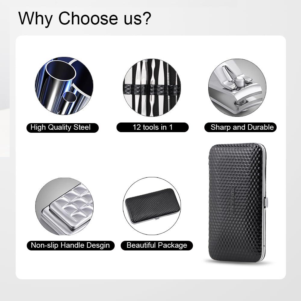 ZIZZON ZIZZON Manicure, Pedicure Kit, Nail Clippers Set of 12Pcs, Professional Grooming Kit, Nail Tools with Luxurious Travel Case