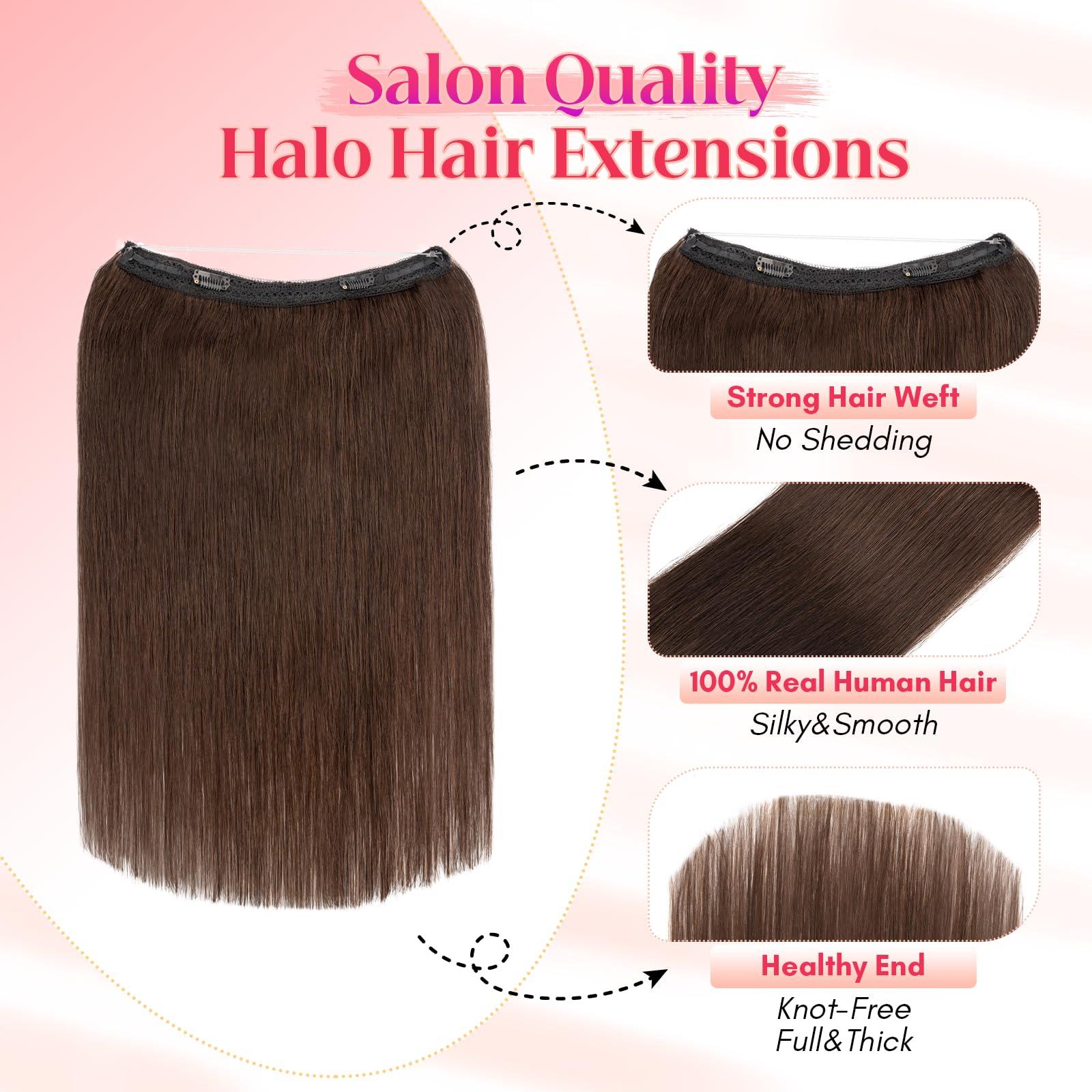 Rich Choices Rich Choices Halo Hair Extensions Real Human Hair 100% Human Hair Halo Extensions for Women Invisible Wire Hair Extensions Remy Halo Hair 18 Inch #2 Dark Brown