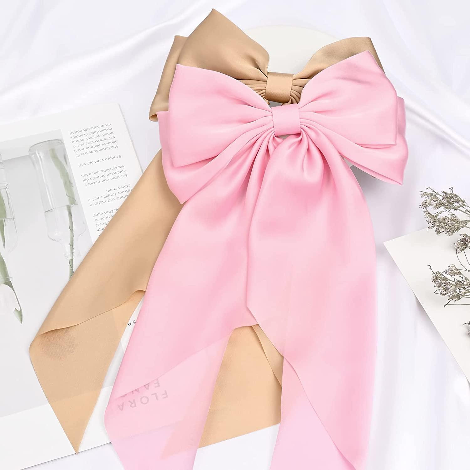 ZEPOLI ZEPOLI Big Satin Layered Hair Bows for Women Girls 11 Inch Barrette Hair Clip Long Black Ribbon Bows French Style Hair Accessories (Pink)