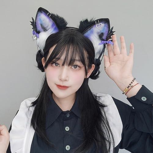 TTYAO REII TTYAO REII Gothic Fox Ears Headband Faux Fur Wolf Cat Hairband Animal Ears Headwear Fluffy Headdress for Anime Cosplay (Black and Purple)