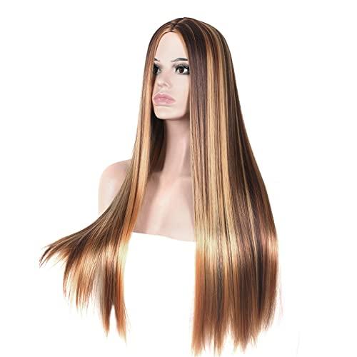 Bagmrteho Bagmrteho Women\'s Brown Highlight Ombres Human Hair Wigs Long Brazilian Hair Wigs Rubber Bands Hair (Gold, One Size)