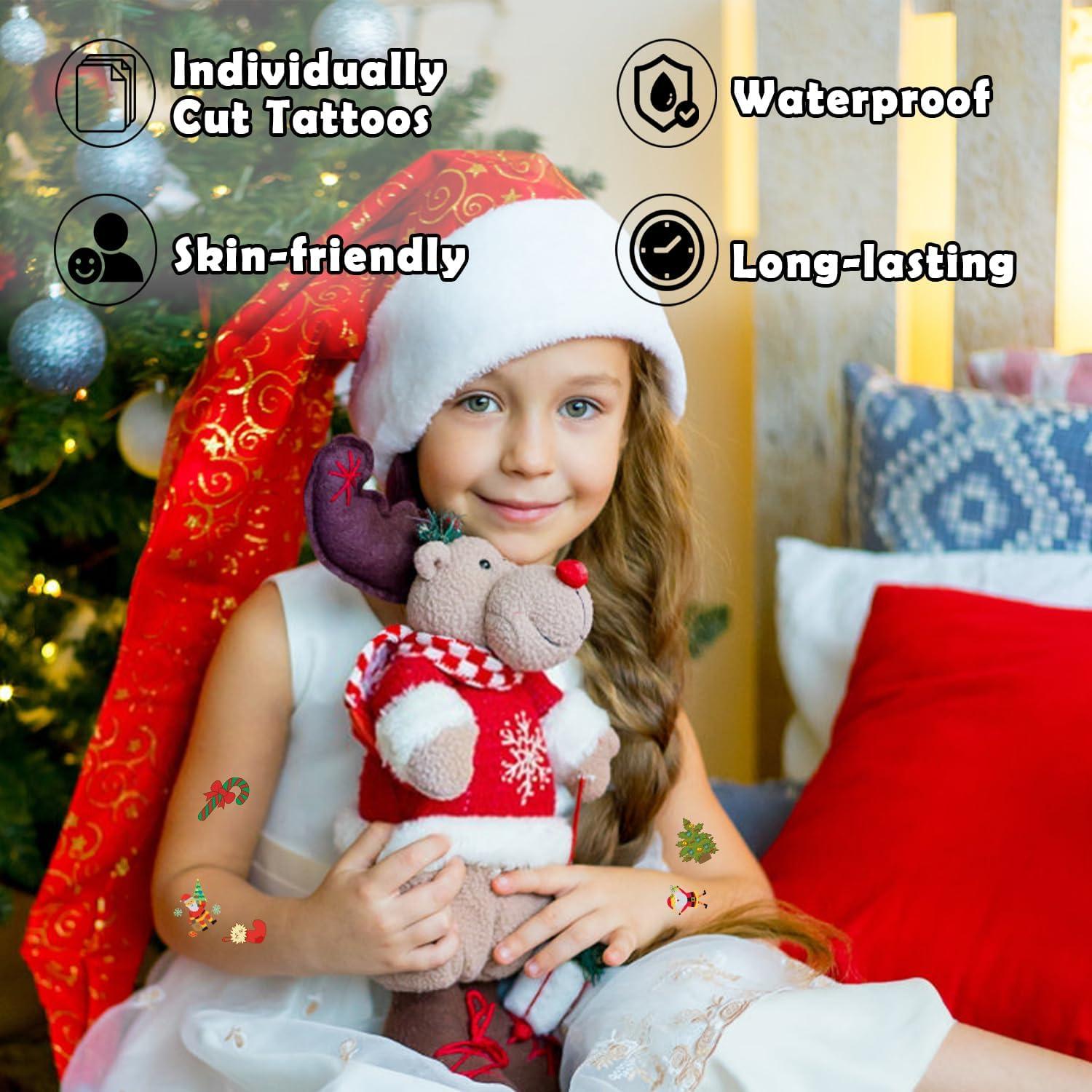 PARTYWIND Partywind Kids Christmas Party Supplies, 50 Styles Individually Cut Temporary Tattoos for Christmas Stocking Stuffers, Christmas Holiday Party Decorations with Santa/Snowman/Snowflake