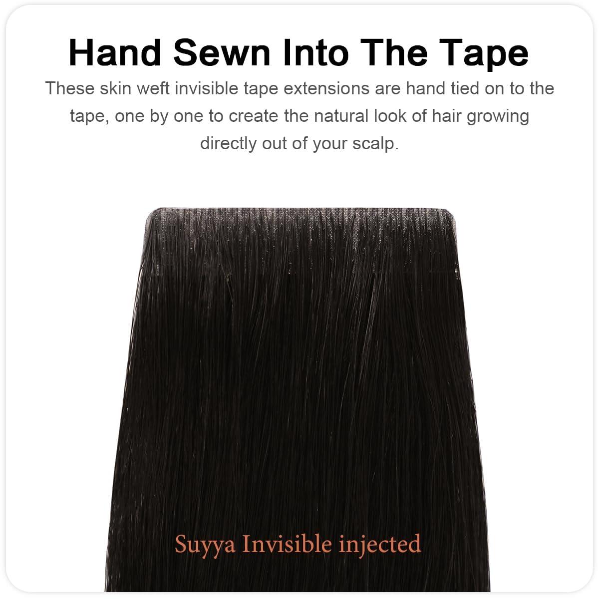 SUYYA SUYYA Invisible Tape in Hair Extensions Human Hair Natural Black Seamless Injected Hand-Tied Pro Quality Virgin Human Hair 20PCS 50G/Pack Straight Tape Ins(20 inch #1B Off Black)