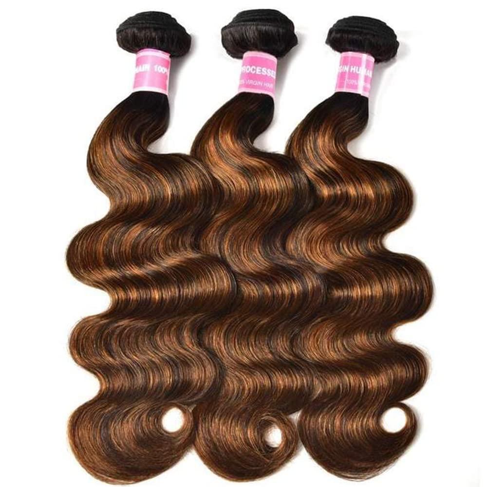 KLAIYI KLAIYI Ombre Brown Highlight Body Wave Human Hair Extensions 3 Bundles of 14 16 18Inch Balayage Honey Blonde Virgin Hair Weaves for Women Double Wefts Wavy Remy Hair with Dark Roots Sew In Piano Color
