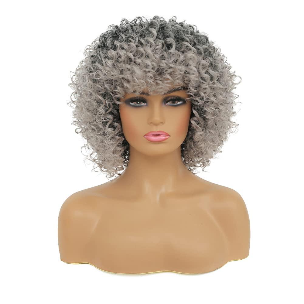 Kaneles Kaneles Short Grey Kinky Afro Wig for Black Women Synthetic Mixed Gray Wigs with Bangs Hair Shoulder Length Kinky Afro Curly Wig for Daily