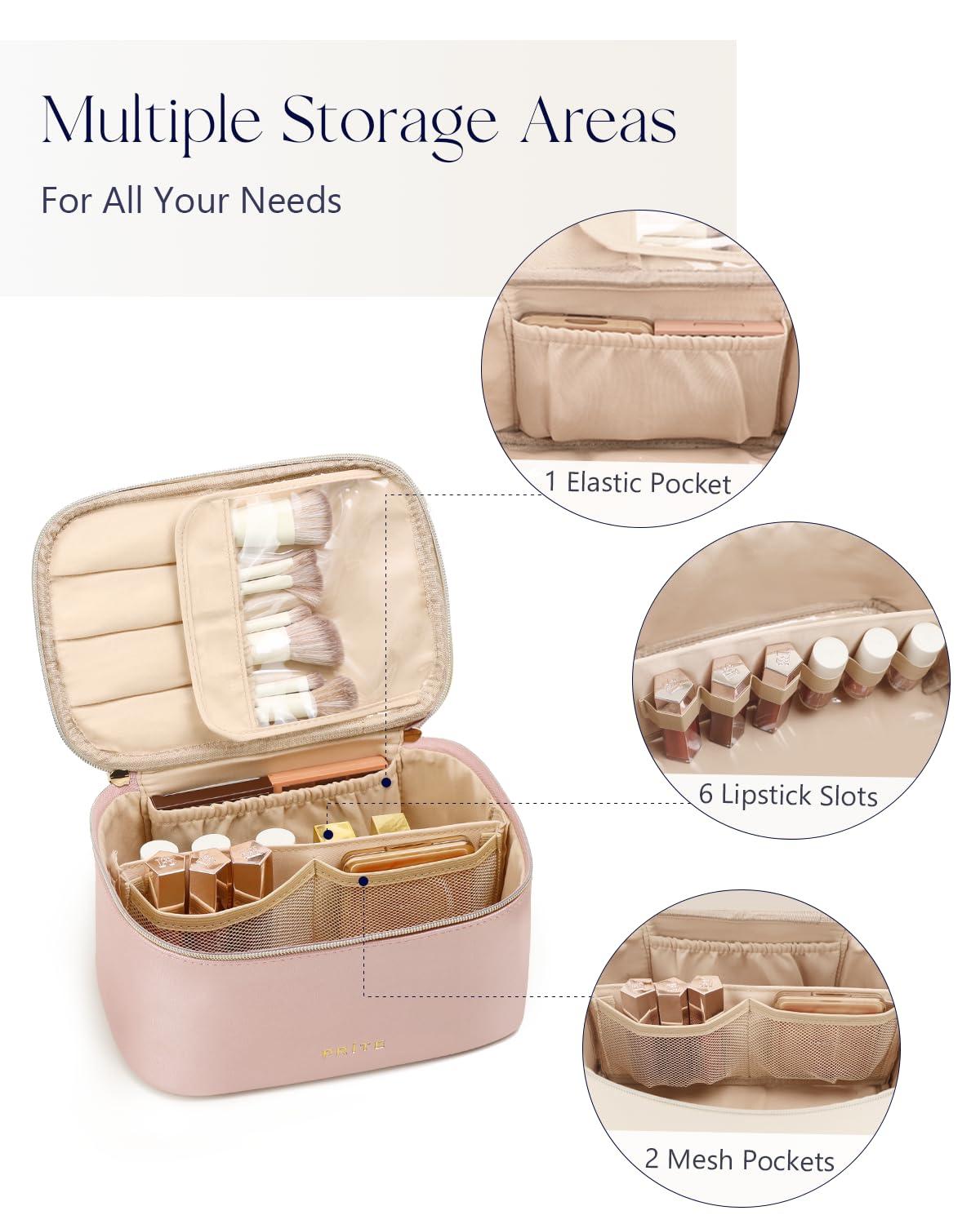 Prite Prite Makeup Bag, Large Capacity Portable Travel Cosmetic Bag, Waterproof Makeup Organizer for Women with Handle and Divider(Pearl Pink)
