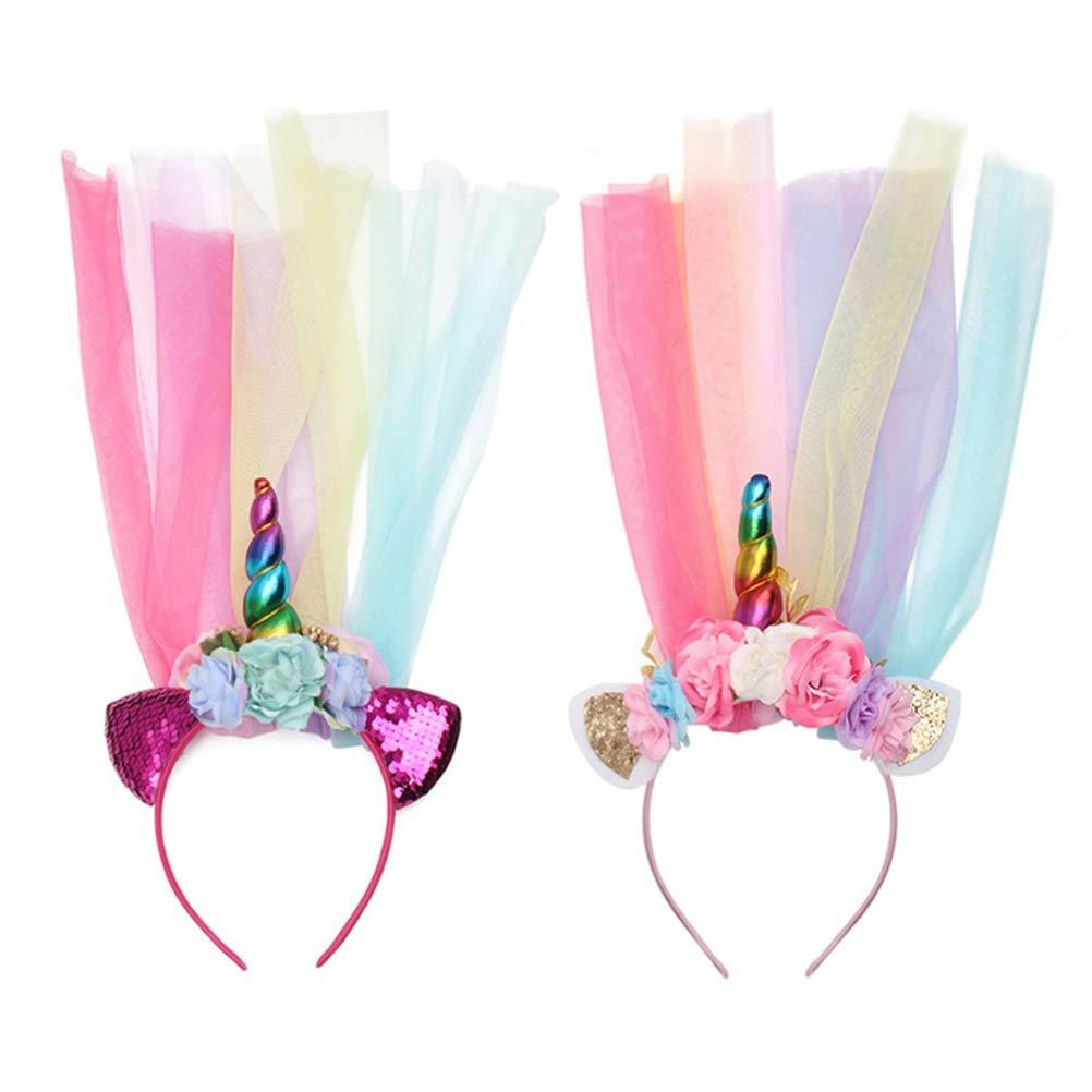 SaditY 2pcs Unicorn Headband with Veil Rainbow Unicorn Hair Hoop Gauze Flower Head Hoop for Girl