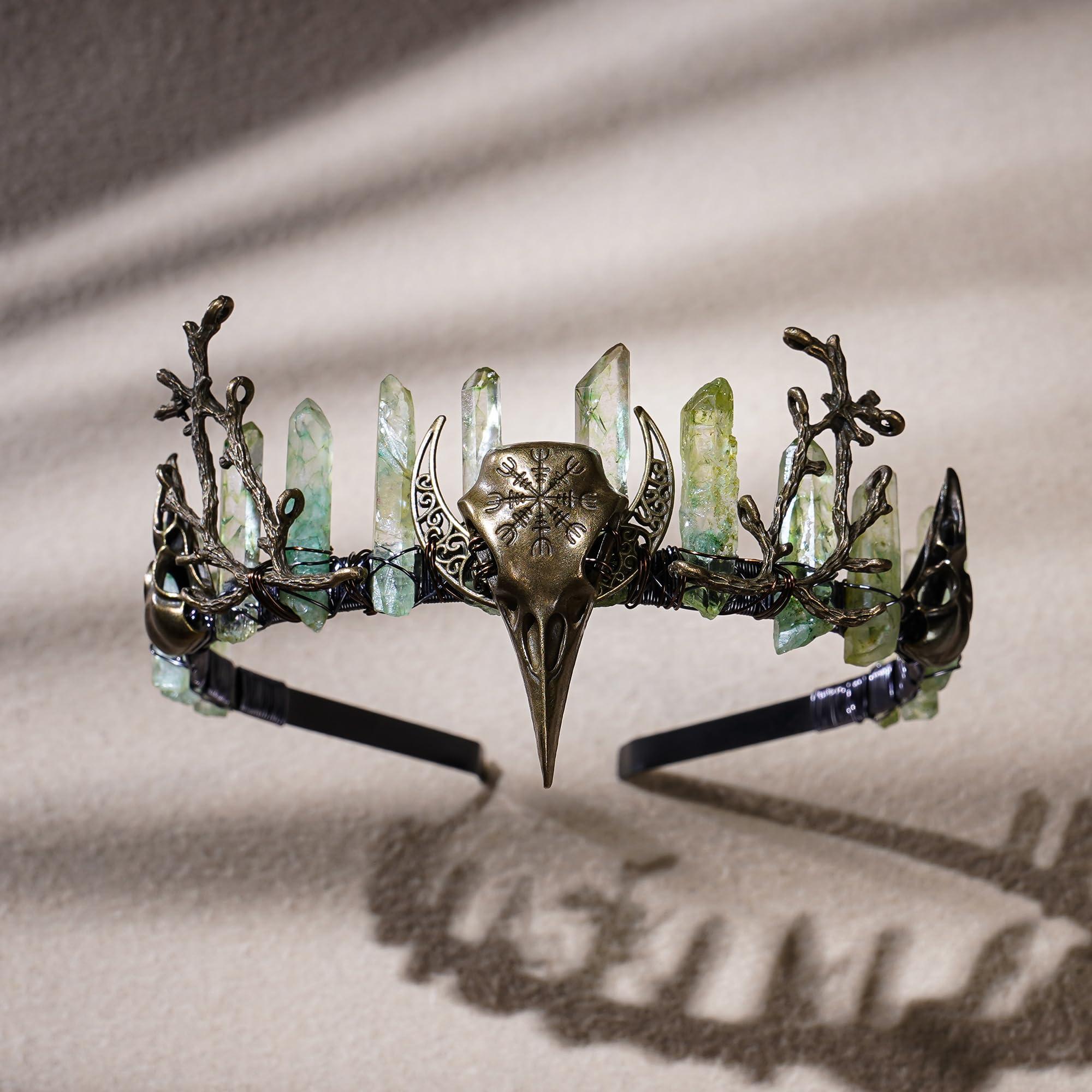 CoTeeZa CoTeeZa Green Fairy Crystal Crown - Handmade Raw Quartz Tiara with Bronze Crow Branch Moon Elf Headpiece Fantasy Forest Witch Crown Wedding Renaissance Halloween Cosplay Woodland Headband