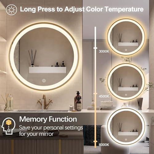 COMPR Mirror with Lights, Led Bathroom Mirror, Led Gold Frame Round Mirror, Wall Mounted Lighted Vanity Mirror, 3 Colors, Memory Function (Color : Gold, Size : 60cm)