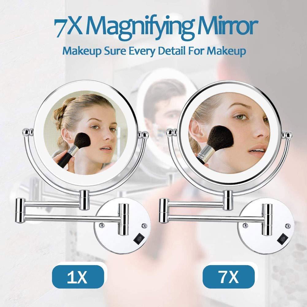 AMHIL AMHIL Led Lighted Makeup Mirror Wall Mount 7X Magnifying Cosmetic Mirror 360 Swivel Extendable Two Sided Vanity Mirror for Bathroom USB Rechargeable