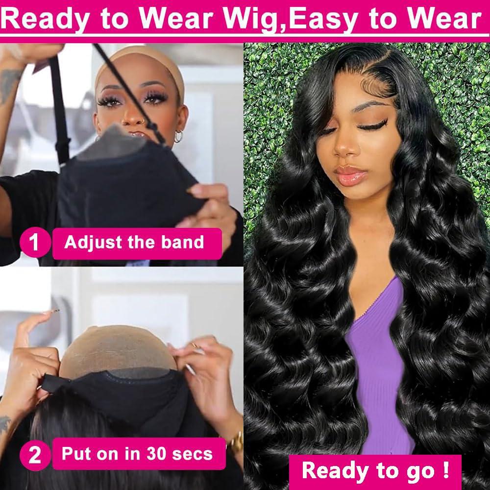 Wlily Wear and Go Glueless Wigs Human Hair Pre Plucked Pre Cut 13x4 Body Wave HD Lace Front Wigs Human Hair 180 Density Lace Frontal Wigs Ready to Wear Glueless Wigs Human Hair Natural Black 28 Inch