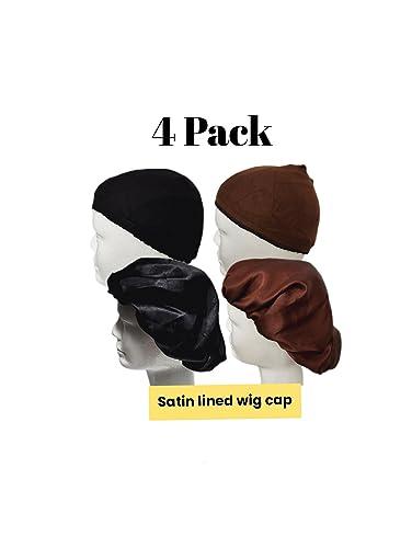 Revealed Pearl Satin lined wig cap, wig cap, wig cap for lace wig 4 pack (2 Black and 2 brown)