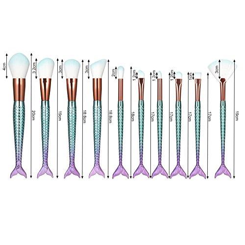 boniss Boniss Mermaid Makeup Brushes set Synthetic Fiber Hair 10Pcs Makeup Brush Kit with Bag Foundation Powder Eyeshadow Eyeliner Blending Blush Lip Concealer Fan Brush Face Cosmetic Tools (Purple blue)