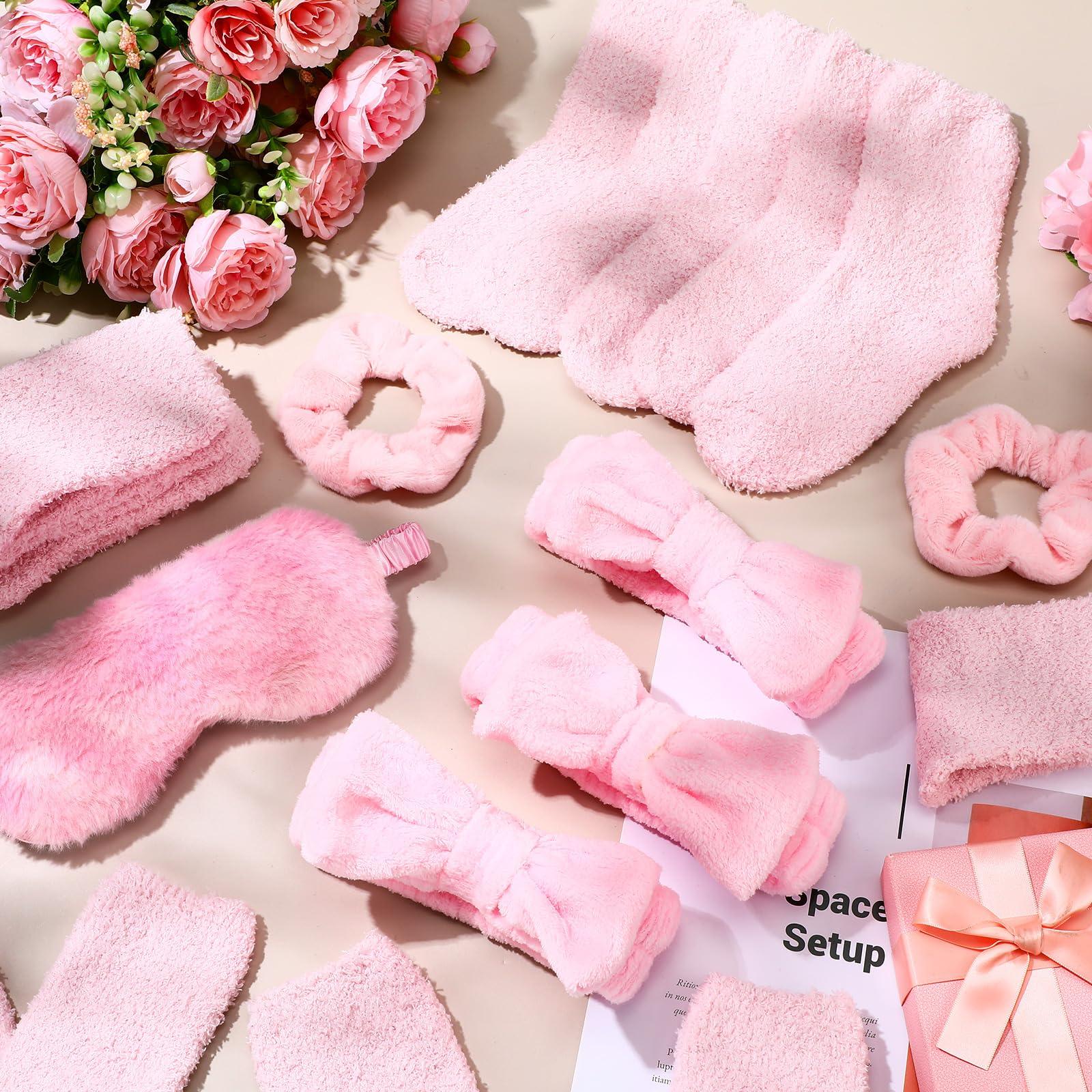 Shyyween Shyyween 30 Pieces Spa Sleepover Party Supplies 6 Pink Bow Headband 6 Plush Sleep Eye Mask 6 Velvet Scrunchies 6 Pair Fuzzy Sock for Spa Slumber Party Favors Gift