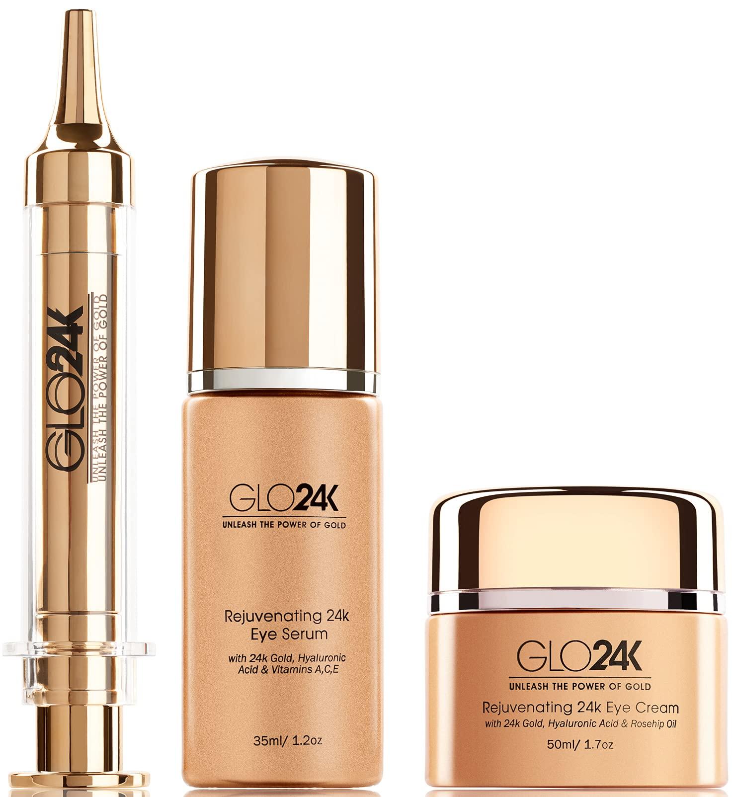 GLO24K UNLEASH THE POWER OF GOLD GLO24K Complete Eye Care Set with our 24k Instant Facelift Cream, Eye Cream, and Eye Serum