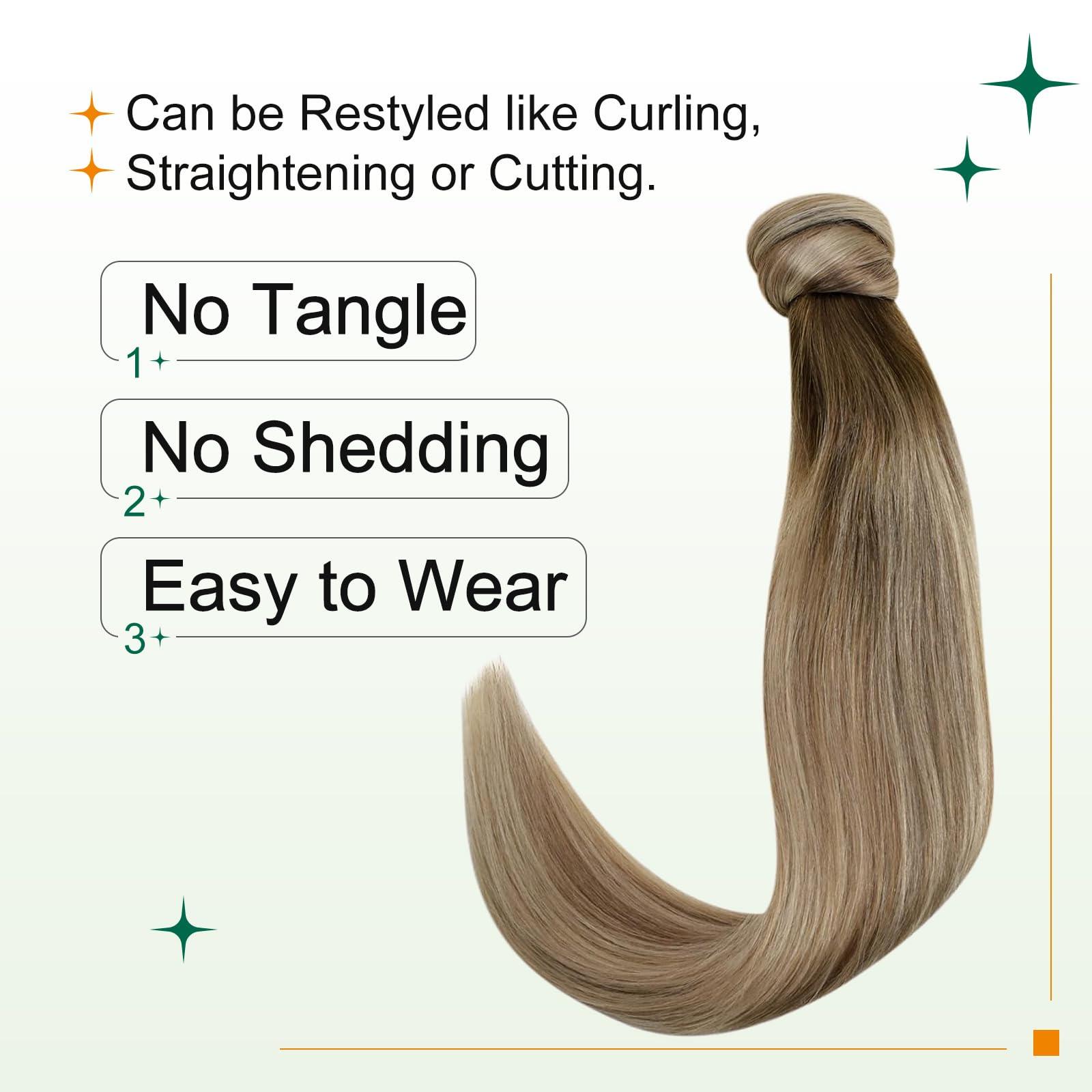 Easyouth Easyouth Ponytail Extension Human Hair Balayage Pony Tails Hair Extensions Human Hair Blonde Ponytail Hair Extension Darker Brown Fading to Ash Blonde 18Inch 80g #3/8/22