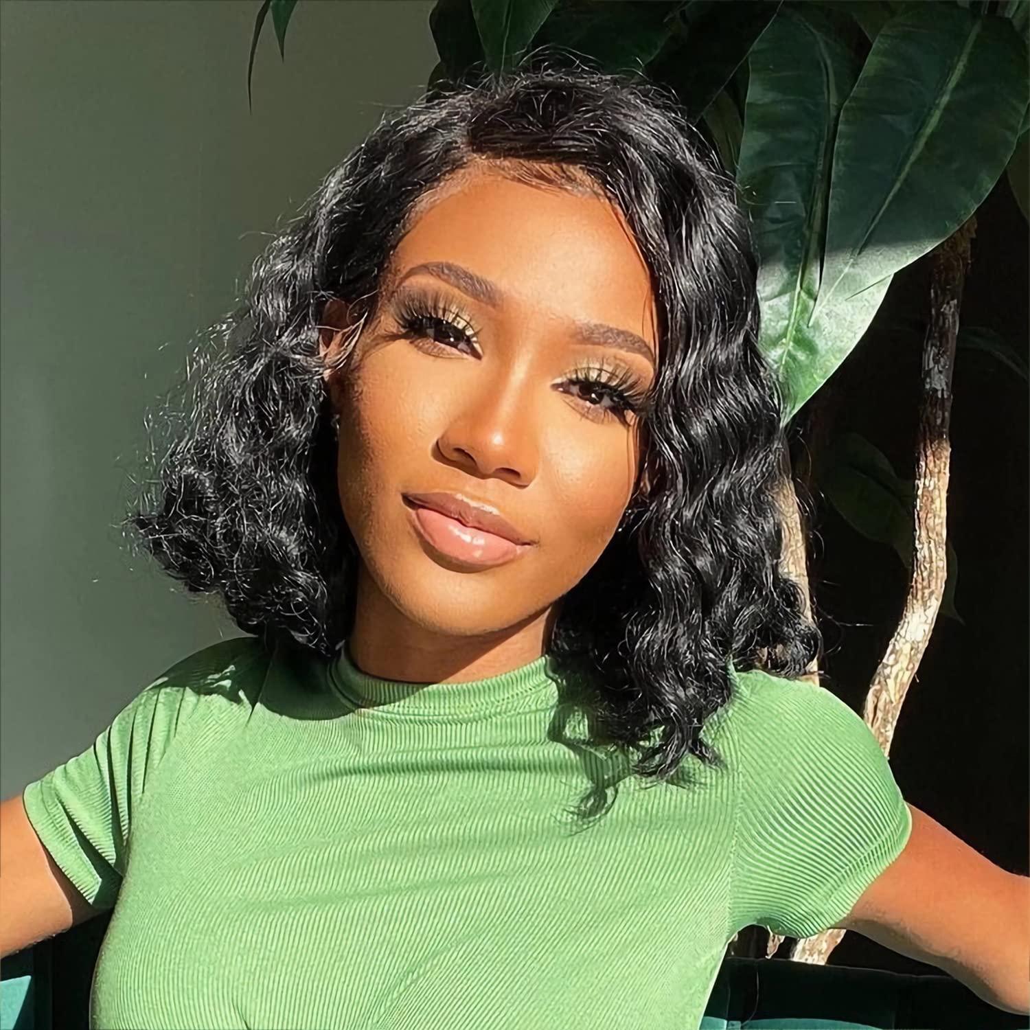 WIGER WIGER Short Curly Lace Frontal Human Hair Wigs for Black Women Black HD Lace Curly Bob Lace Front Hair Transparent Lace Glueless Human Hair Wigs Water Wave Closure Wigs (12 Inches)