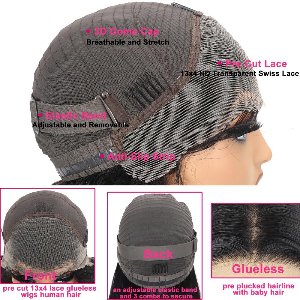Wlily Wear and Go Glueless Wigs Human Hair Pre Plucked Pre Cut 13x4 Body Wave HD Lace Front Wigs Human Hair 180 Density Lace Frontal Wigs Ready to Wear Glueless Wigs Human Hair Natural Black 28 Inch