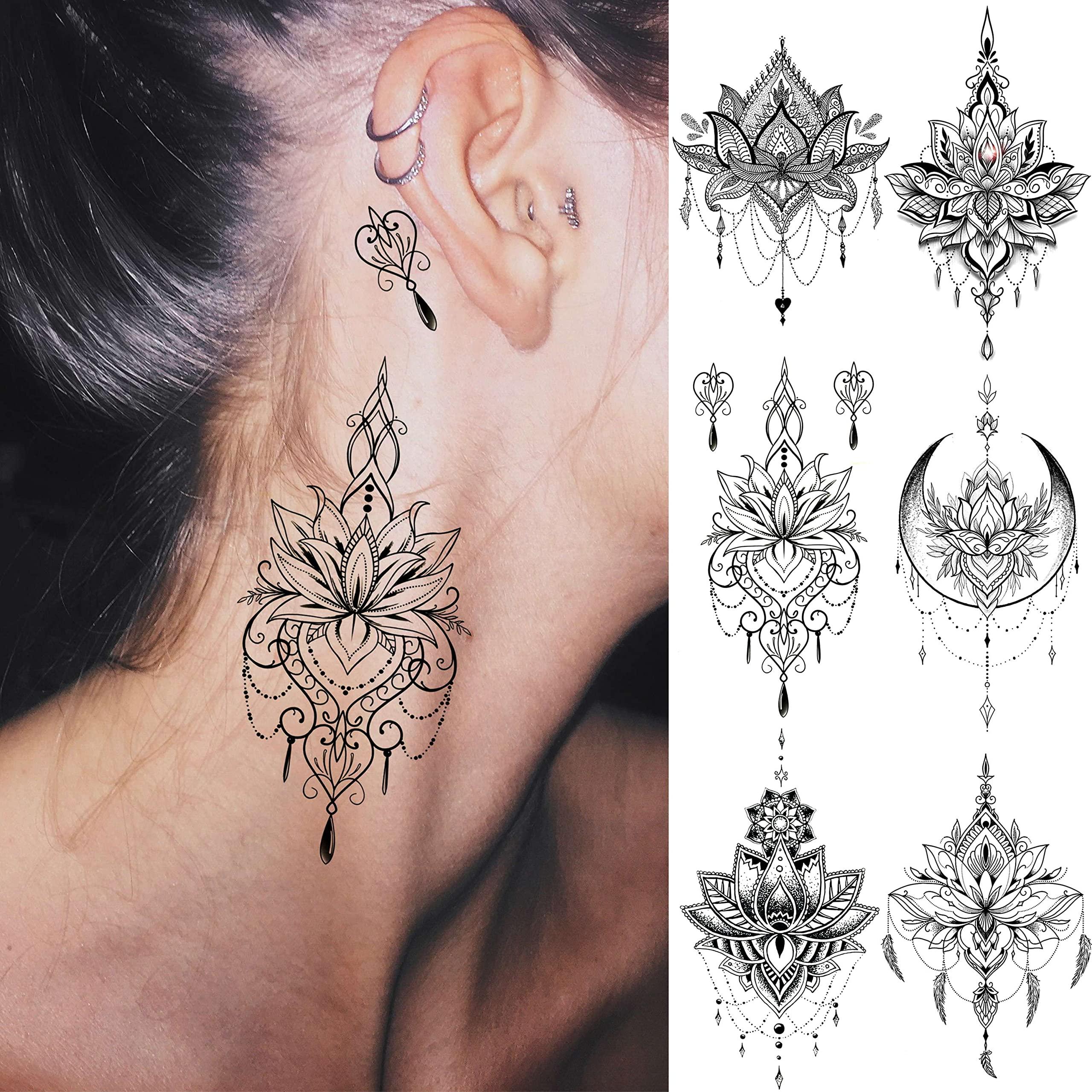 EGMBGM EGMBGM 15 Sheets Sexy Black Lotus Temporary Tattoos For Women Wedding Brides, Tribal Fake Jewelry Pendant Lace Moon Moth Flowers Temp Tattoos Temporary Sticker For Girls Arm Neck Hands Tatoos Jewels