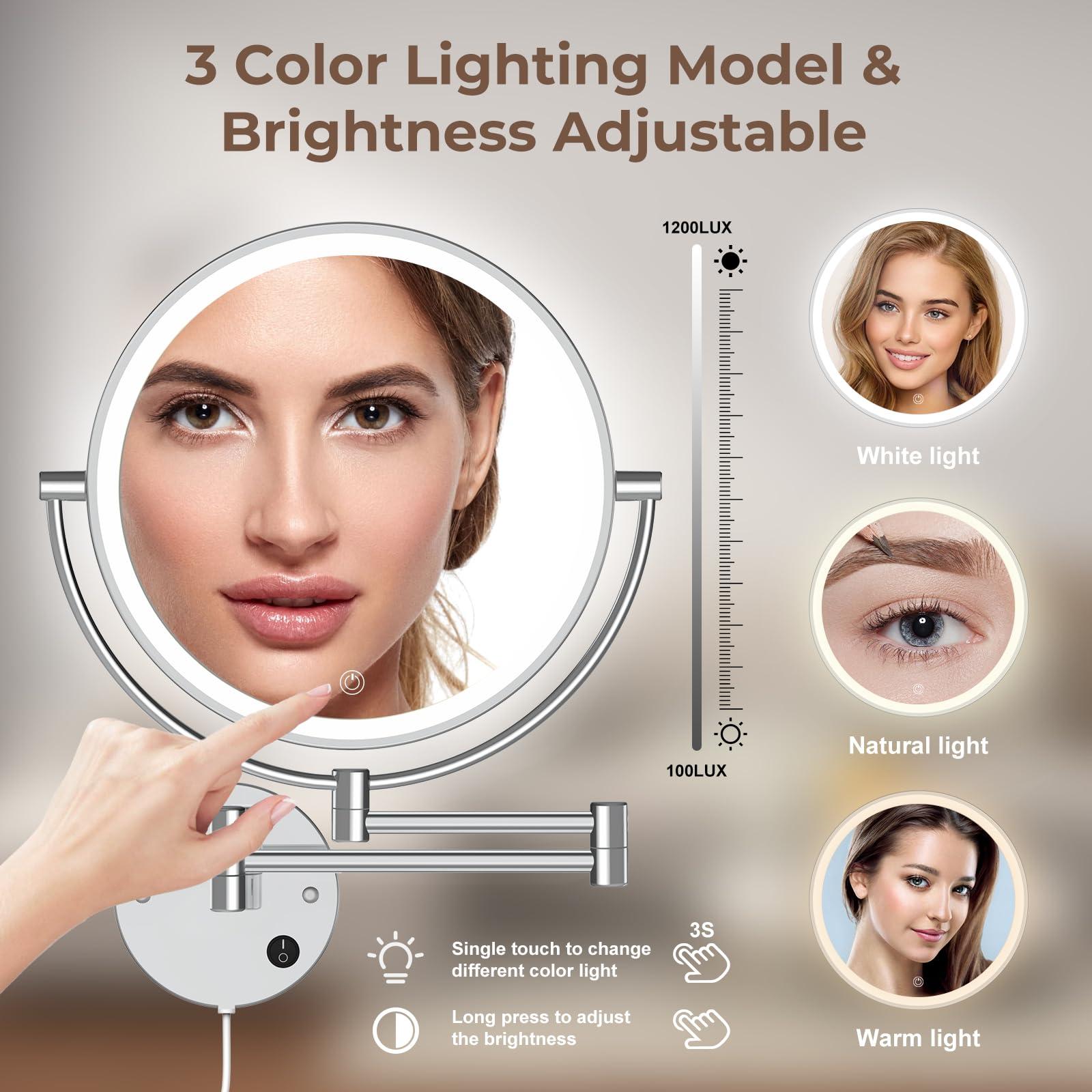 Rocollos Rocollos 9\" Plug-in Wall Mounted Lighted Makeup Mirror 1X/10X Magnification, Super Large Double Sided LED Vanity Mirror for Bathroom, 3 Color Dimmable 360Swivel Extendable Shaving Cosmetic Mirror