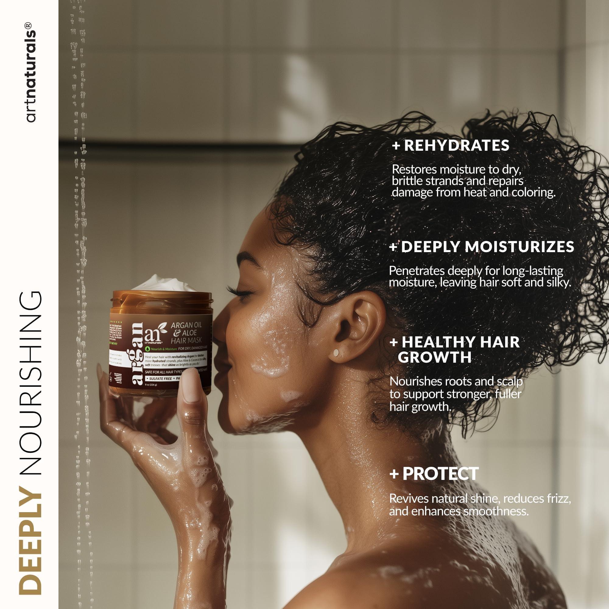 Artnaturals Hair Mask + Silk Bonnet for Sleeping Women Set - Deep Conditioner & Leave-In Conditioner for Dry, Damaged Hair - Argan Oil, Jojoba, Aloe & Keratin - Satin Bonnet for Sleeping, Repair & Hydrate (8 oz)