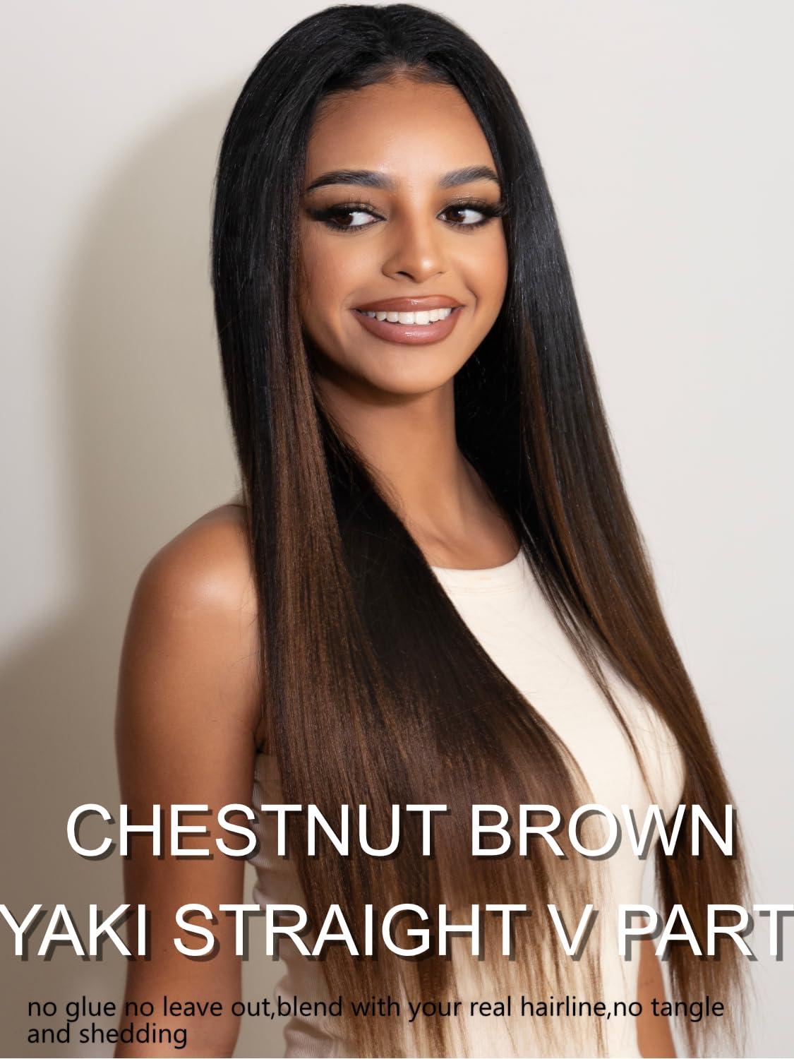 YIROO YIROO V Part Wig Human Hair No Leave Out Ombre Chestnut Brown Yaki Straight Glueless Human Hair Wig Upgrade U Part Wigs for Women V Shape Clip in Half Wig No Glue No Sew in Beginner Wig 18inch
