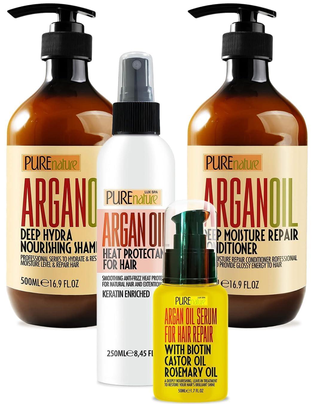PURE NATURE LUX SPA PURE NATURE Lux Spa Moroccan Argan Oil Shampoo and Conditioner Set, Heat Protectant Spray, Hair Serum with Keratin, Biotin, Rosemary & Castor Oil for Hair Protection, Repair and Shine (3 Count)