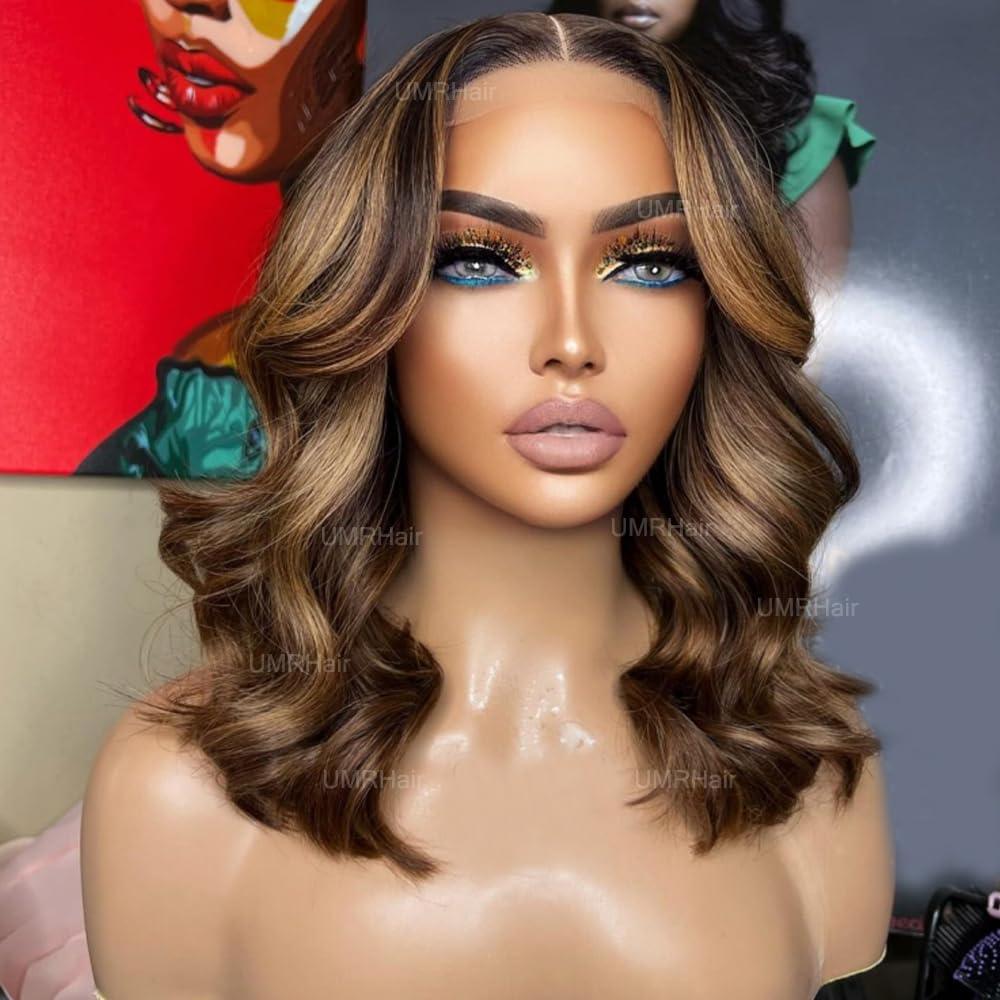 UMRHair Highlight Ombre Wave Bob 13X6 Lace Front Wig for Women Human Hair Brown Honey Blonde P3/27 Short Cut Loose Wave Brazilian Glueless Lace Front Wigs with Baby Hair Preplucked 16inch 180Density