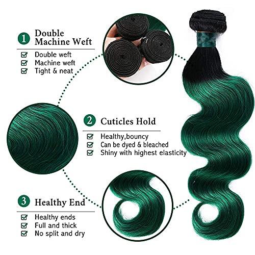 SEXAY SEXAY Hair 1b/Green 10A Brazilian Ombre Body Wave Weave Virgin Hair 3 Bundles 100% Human Hair Bundles, Green Remy Hair Extensions T1b/Green Color (18 20 22)