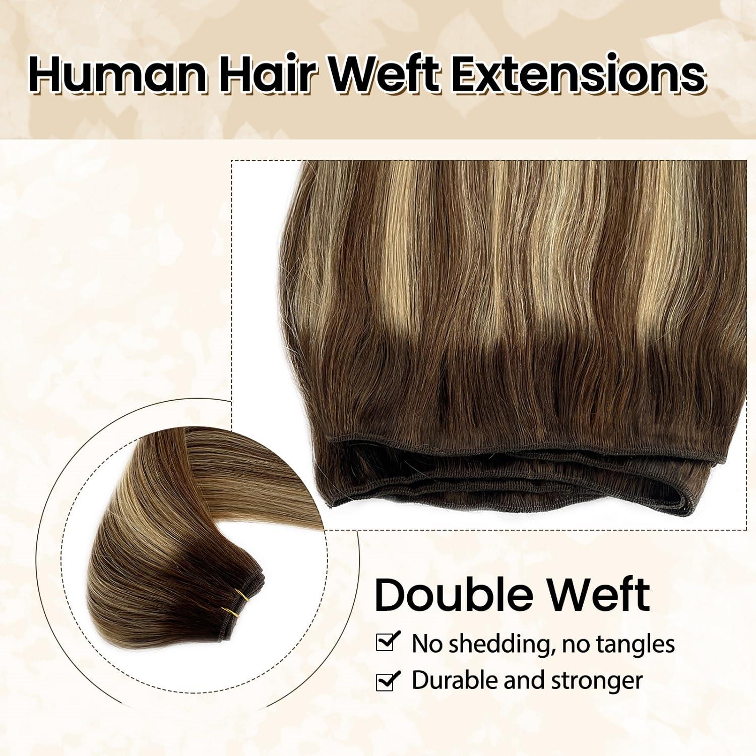 Benafee Hand Tied Weft Hair Extensions Human Hair 22 Inch 120 Gram Sew in Hair Extensions Real Human Hair Bundles Ombre Balayage Medium Brown to Honey Blonde Sew in Hair Bundles Real Human Hair Extensions
