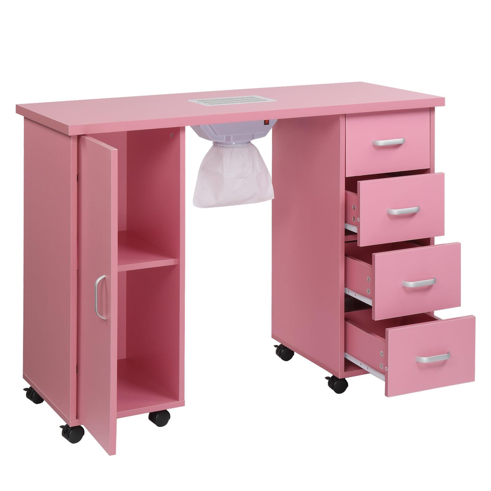 NALLBEIRRAA NALLBEIRRAA Pink Manicure Nail Table Station, Nail Desk with Electric Downdraft Vent, Locking Castors, 2 Layers Storage Cabinet, 4 Removable Drawers for Nail Tech, Beauty Salon (Pink)