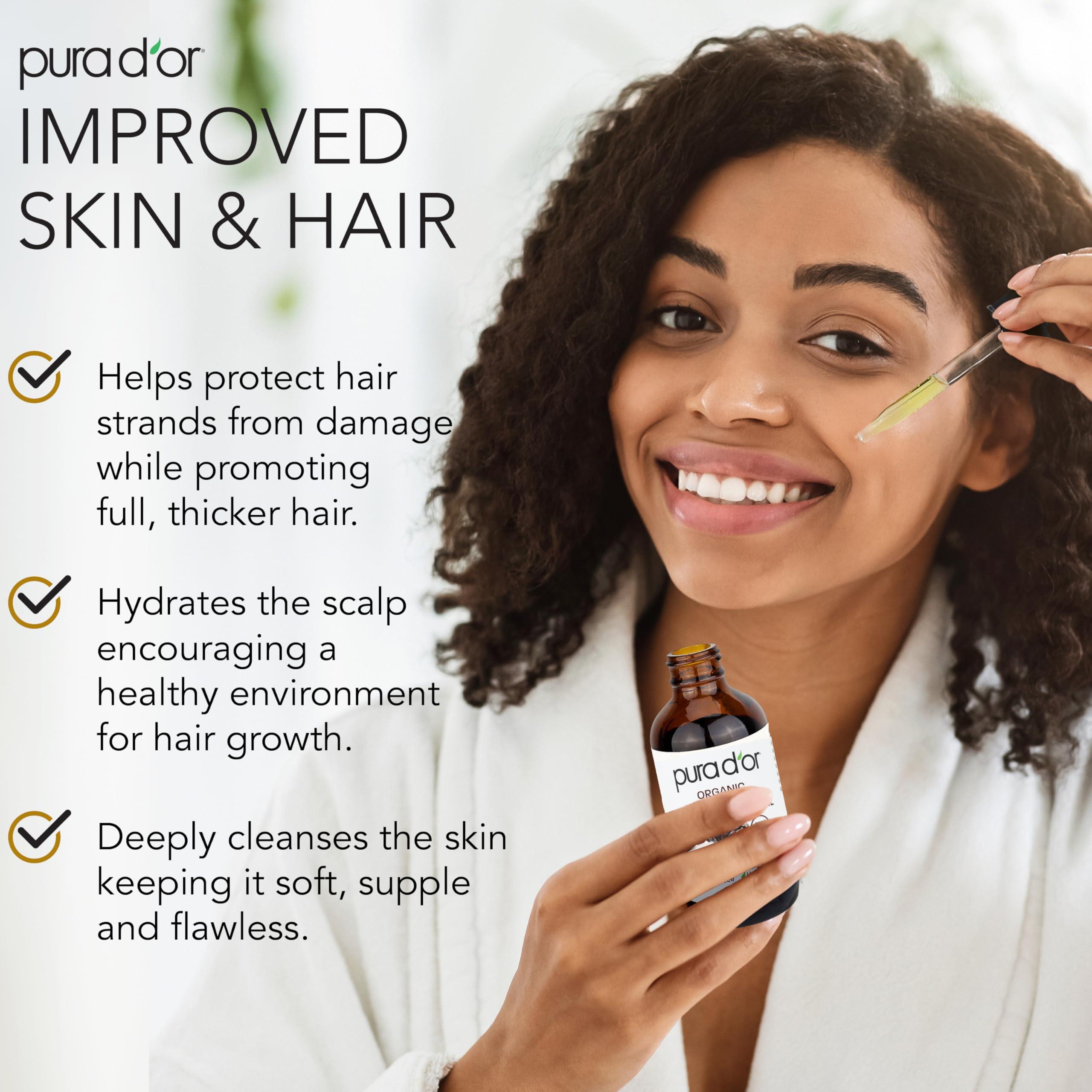 PURA D\'OR PURA D\'OR 4 Oz ORGANIC Jamaican Black Castor Oil - Natural Smoky Scent - w/ 2 BONUS Empty Brushes - 100% Pure USDA Certified Cold Pressed & Roasted, Hexane Free Eyelash & Eyebrow Serum