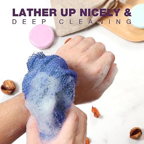 RIUOTA 3 Pieces Exfoliating Washcloth Shower Towel African Net Sponge Japanese Wash Cloth Face Exfoliating Sponge Loofah Exfoliating Body Scrubber for Body Exfoliation(Black White Blue)