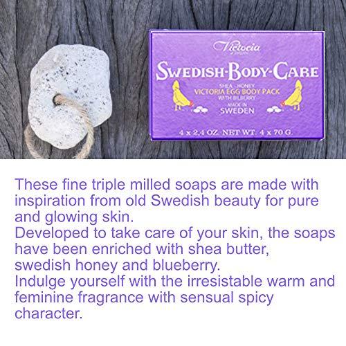 VICTORIA SOAPS OF SWEDEN VICTORIA SOAPS OF SWEDEN Swedish Body Care Shea Butter Soap, Honey and Bilberry, 4 CT with Disposable Body Shower Sponge 2 CT