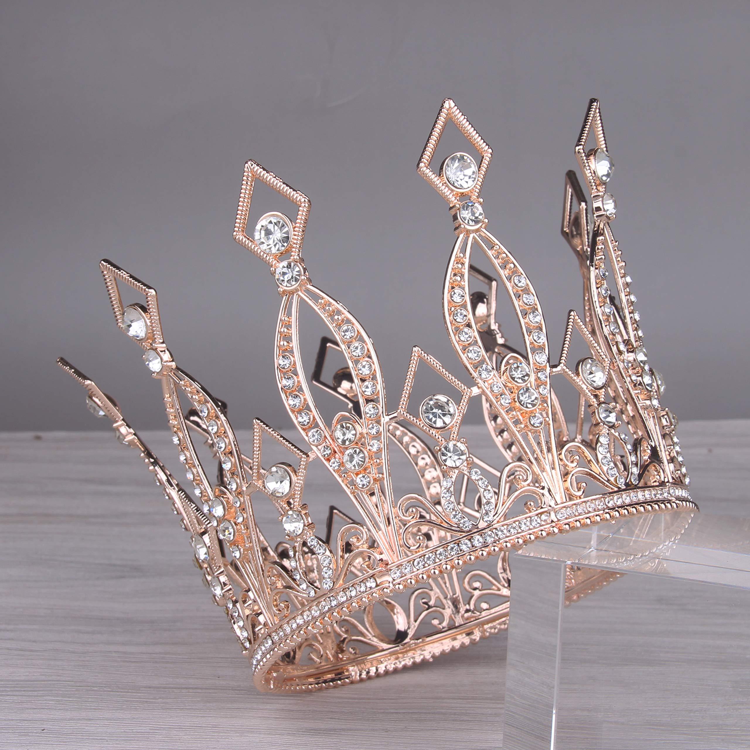 Vofler Crown Cake Topper, Vofler Rose Gold Tall Tiara Glinda The Good Witch Costume Women Wizard Crystal Decoration for Queen Lady Bride Princess Birthday Wedding Pageant Prom Homecoming Halloween Party