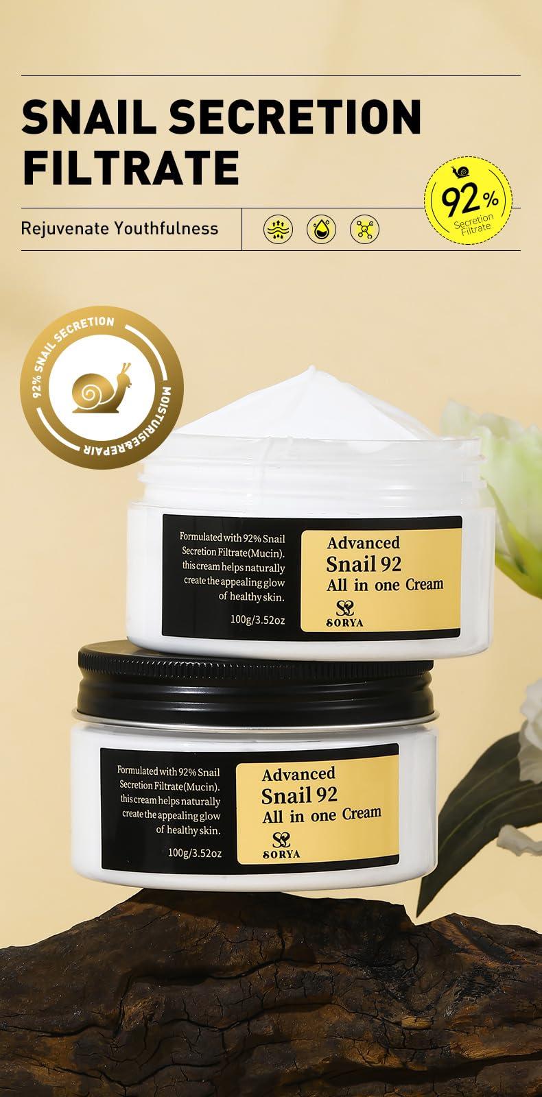 SORYA Advanced Snail Mucin 92% Face Cream Snail Moisturizer Powerful Anti Aging Blemishes for Deep Hydration, Skin Repair, and Wrinkle Reduction