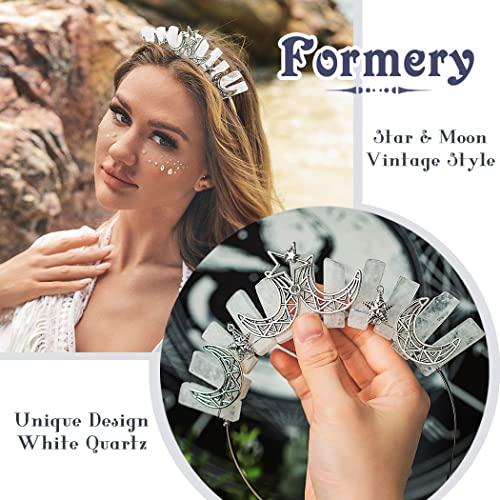 Formery Formery Star White Quartz Headband Silver Crescent Moon Natural Stone Crown Hairband Halloween Cosplay Wedding Crystal Tiara Headpiece for Women