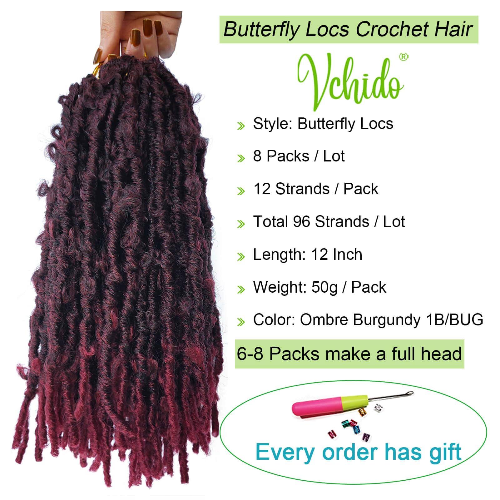 VCHIDO 8 Packs Pre Looped Butterfly Locs Crochet Hair 12 Inch Burgundy Red Distressed Locs Crochet Braids Soft Butterfly Faux Locs Crochet Hair (12Inch,Ombre Burgundy)