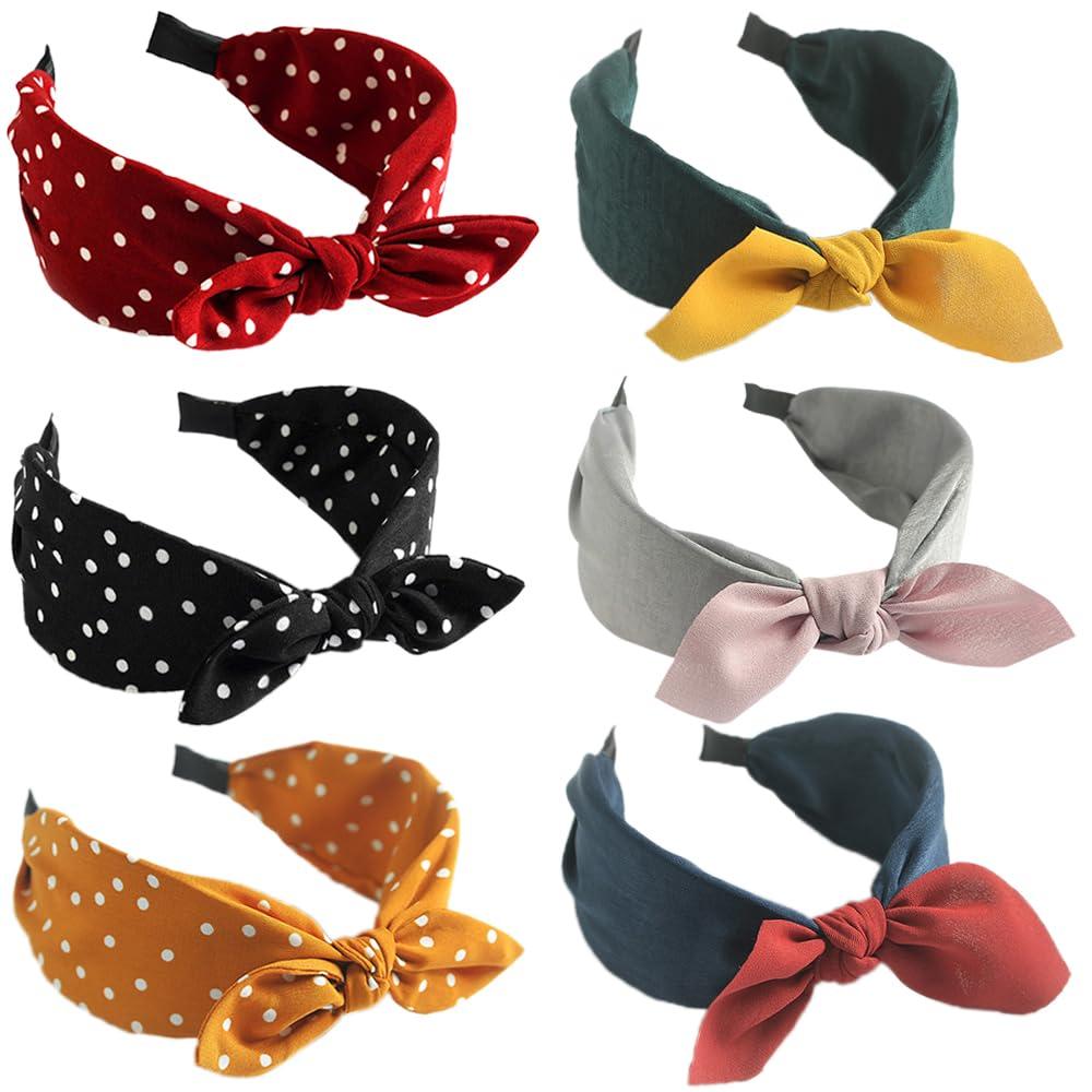 HUANMAYE HUANMAYE 6Pcs Boho Headband for Women Knotted Bow Hairbands Fabric Elastic Hair band Accessories Rabbit Ear Hair Bands Wide Turban Headwraps for Adult Women (6RPoint)