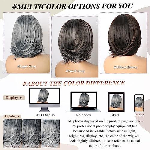 LEOSA LEOSA Short Grey Wig With Curtain Bangs BoB Layered Silver Grey Wigs for Women BOB Layered Wigs Pixie Cut Layered Wig Hair Synthetic Hair Wigs With Daily Use (Grey#)