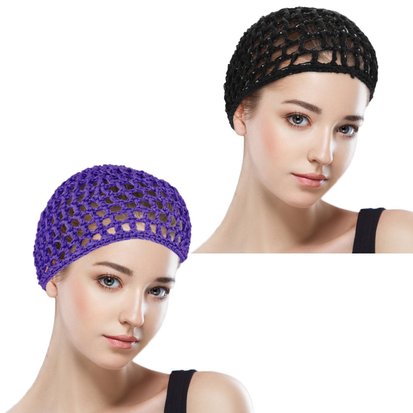 WLLHYF WLLHYF Hair Net Wrap For Sleep 2 PCS Mesh Nets Cap Snoods Cover Sleeping Knit Hairnets Elastic Head Wrap Bathing Shower Caps Wig Hairnet Crochet Sew Weave Press Weaving Braided Bonnet(Black/Purple)