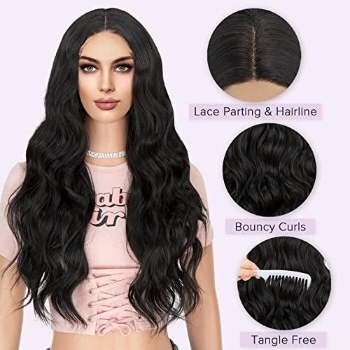 K'ryssma K'ryssma Black Synthetic Lace Front Wig Body Wave 180% Density Glueless Long Black Wig for Black Women T Part Black Wavy Synthetic Wig with Natural Hairline