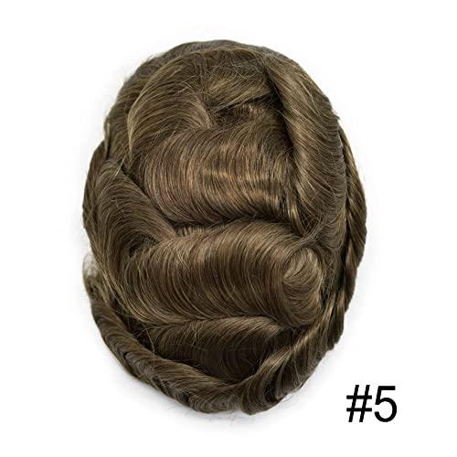 Just Hair Toupee for Men Hair Replacement Systems Swiss Lace Front Mens Toupee Bleached Knot Natural Human Hair Piece (5# Medium Light Brown, 7x9\"-90% Light Density)